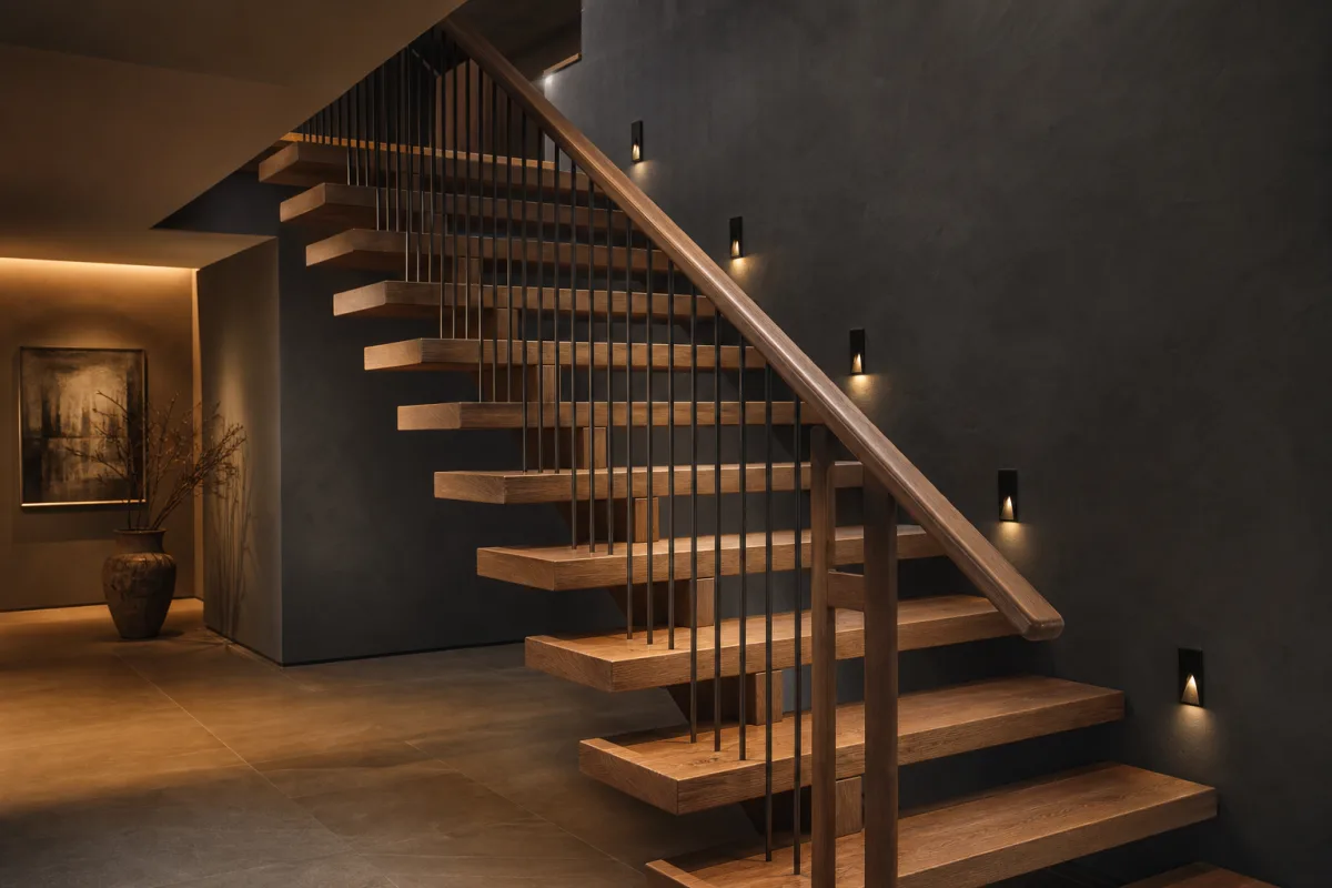 Maßgefertigte Holztreppe in einem dunklen Innenraum